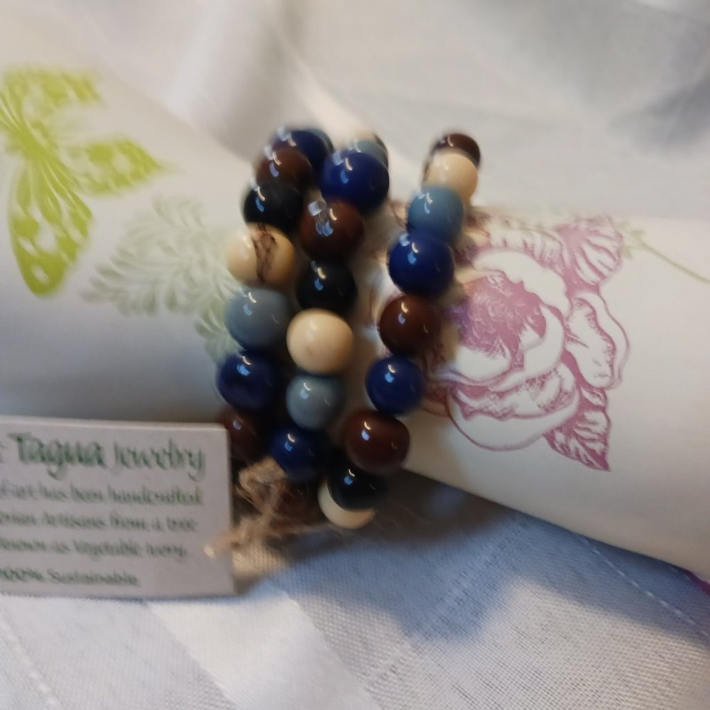 Organic Tagua Nut Blue Bracelet Set